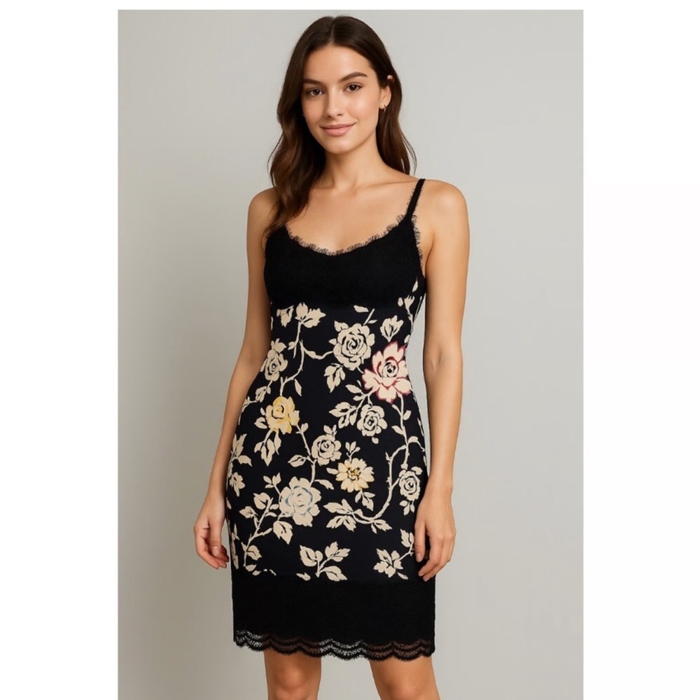 Floral Lace Trim Slip Dress - Black with Cream & Pale Yellow Roses